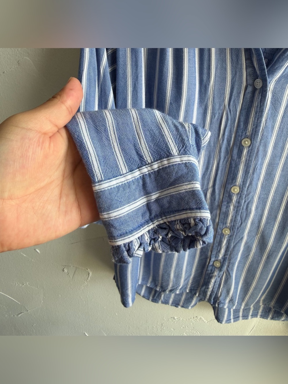 Loft blue and white stripe button down shirt with ruffled collar - Picture 6 of 8